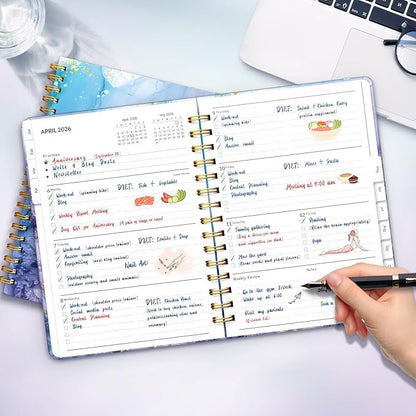 2026 Planner, A5 Weekly and Monthly Planners with Tabs, Spiral Bound Daily Calendar 2026 Planner, Agenda Organizers from Jan. to Dec., Hardcover Habit Tracker Journal 6.18" x 8.5"(Blue Marble)