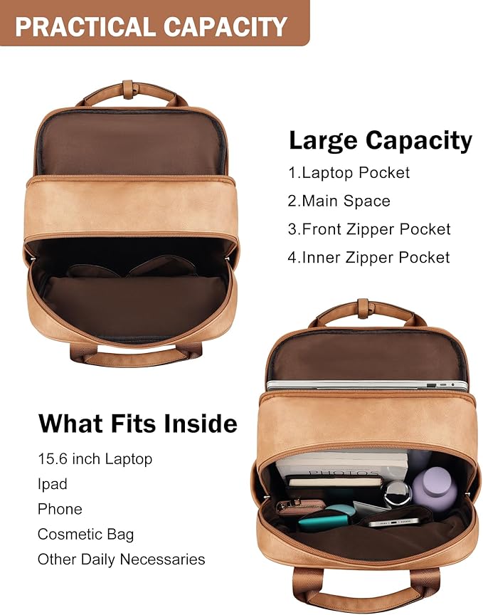 MASINTOR Leather Laptop Backpack for Women, Stylish Computer Backpack College Business Work Shoulder Bags Work and Travel Retro Camel