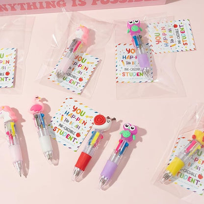 ANGOLIO 84Pcs End of Year Student Gift Includes Cute Cartoon 4 in 1 Multicolor Retractable Ballpoint Pen with Gift Cards for Kindergarten Party Gifts Bulk for School Exchange Gift