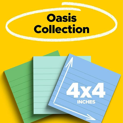 Post-it 100% Recycled Paper Super Sticky Notes, Lined, 4 in. x 4 in., 3 Pads, 70 Sheets per Pad, Oasis Collection, School Supplies and Office Products