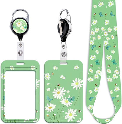 Green Lanyard Badge Holder Daisy Flowers Retractable Badge Reel Clip Cute Lanyard for Keys ID Badge for Women Teens Girls Teachers Aesthetic School ID Holder