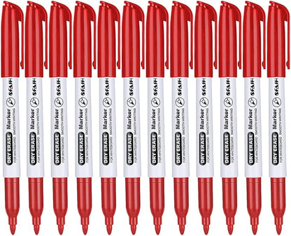 SFAIH Fine Tip Dry Erase Markers - 12 Pack Red Whiteboard Erasable Markers Bulk for Kids Adults, Ideal for Classroom School Office Home Use on White Board, Non-Toxic Easy Clean