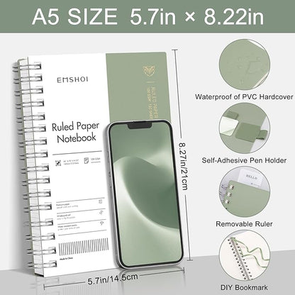 EMSHOI Lined Spiral Journal Notebook, A5 College Ruled Notebook, 300 Pages/150 Sheets, 100gsm Acid-Free Paper, Waterproof Softcover Notebook for School, Work, Note Taking, 5.7" × 8.22" - Light Green