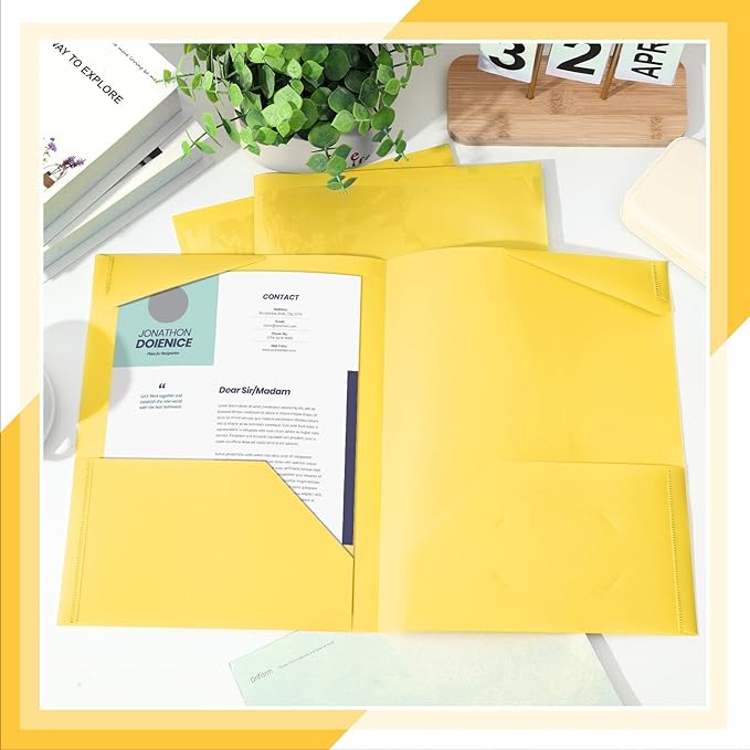 Henoyso 36 Pcs Plastic Folders with Clear Front Pockets Heavy Duty File Folders with 2 Pockets and Card Slot for Student Communication School Office Presentation Report (Yellow)