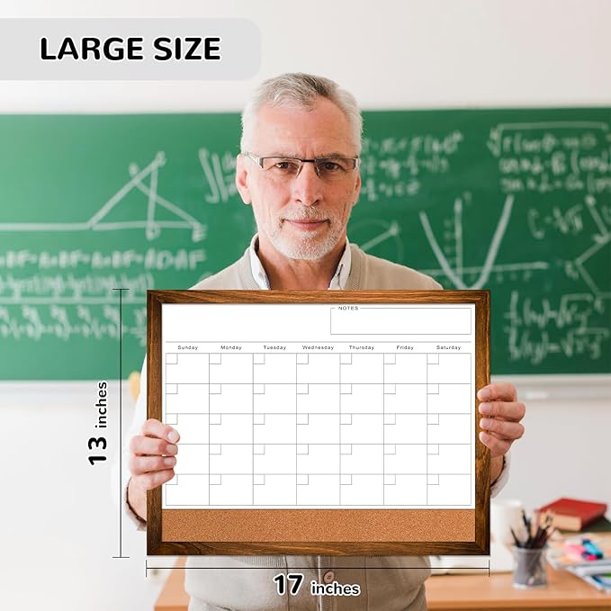 Dry Erase Monthly Calendar Board for Wall, 17"x13" Hanging Board, Magnetic White Boards, Rustic Brown Wood Frame White Board Cork Board Combo, Calendar Bulletin Board for Kitchen Planner Memo Office