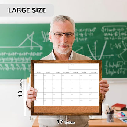 Dry Erase Monthly Calendar Board for Wall, 17"x13" Hanging Board, Magnetic White Boards, Rustic Brown Wood Frame White Board Cork Board Combo, Calendar Bulletin Board for Kitchen Planner Memo Office