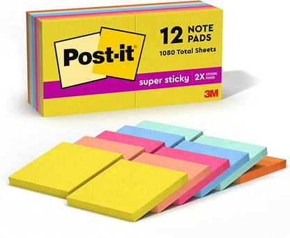 Post-it Super Sticky Notes, 12 Sticky Note Pads, 3 x 3 in., School Supplies, Office Products, Sticky Notes for Vertical Surfaces, Monitors, Walls and Windows, Summer Joy Collection