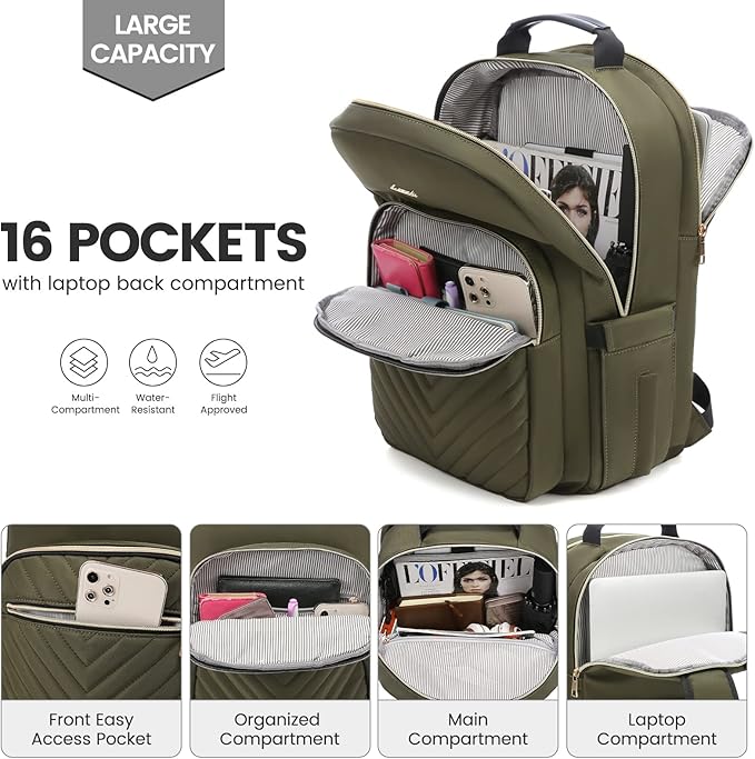 LOVEVOOK Laptop Backpack for Women 15.6 inch,Cute Womens Travel Backpack Purse,Professional Laptop Computer Bag,Waterproof Work Business College Teacher Bags Carry on Backpack with USB Port,Army Green
