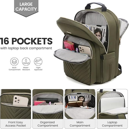 LOVEVOOK Laptop Backpack for Women 15.6 inch,Cute Womens Travel Backpack Purse,Professional Laptop Computer Bag,Waterproof Work Business College Teacher Bags Carry on Backpack with USB Port,Army Green