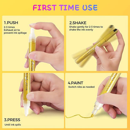 SFAIH Acrylic Gold Paint Pens - 8 Pack 2-3MM Medium Tip & 0.7MM Extra Fine Gold Markers Permanent for Rock, Wood, Metal, Fabric, Plastic, Glass, Ceramic, Diy Crafts, Large Ink Capacity, High Coverage