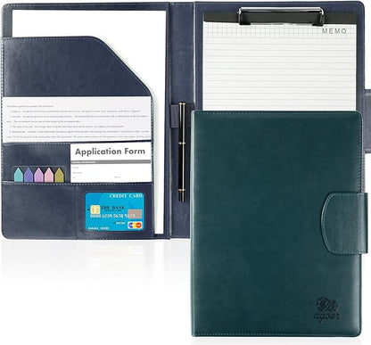 A4 Leather Padfolio Portfolio Organizer Binder,A4 Business Interview Legal Document Folder with Magnetic Closure Cover,Resume Folder with Luxury Papers,Sticky Tabs,Pen for Men Women(Navy Blue)