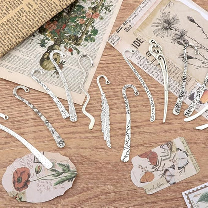 13pcs/Set Metal Bookmark for Women Men, Hairpin Hook Antique Tibetan Silver Carved Hook Bookmarks with Loop, Unique Charm Book Marker for Book Lovers Unique Gift