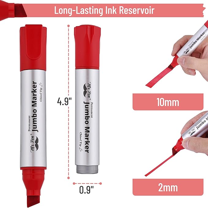 Mr. Pen- Jumbo Permanent Markers, 4 Pack, Red, Chisel Tip, Large Permanent Markers, Color Permanent Markers Set, Jumbo Markers, Permanent Markers, Huge Poster Markers Jumbo, Thick Markers