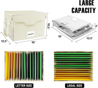 DocSafe File Box Fireproof Document Box with Lock, File Storage Organizer Box with Pockets,Collapsible Portable File Box Home Office File Cabinet with Handle for Hanging Letter/Legal Folder,Beige