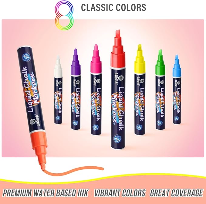 Neon Chalk Markers Erasable for Chalkboard, Liquid Chalk Marker 8 Colors with 6mm Reversible Bullet & Chisel Tip, Dust Free Chalk Pens for Window, Blackboard, Whiteboard, Calendar, Mirror, Glass