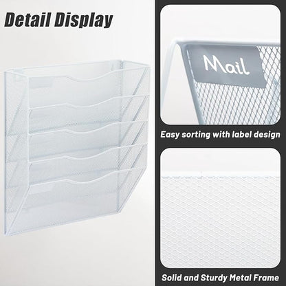 EASEPRES 5 Pocket Mesh Hanging Wall File Organizer, Wall Mounted Mail Paper Document Folder Holder, Clipboard Storage Organization Magazine Rack with Nametag Label for Office Home School, White
