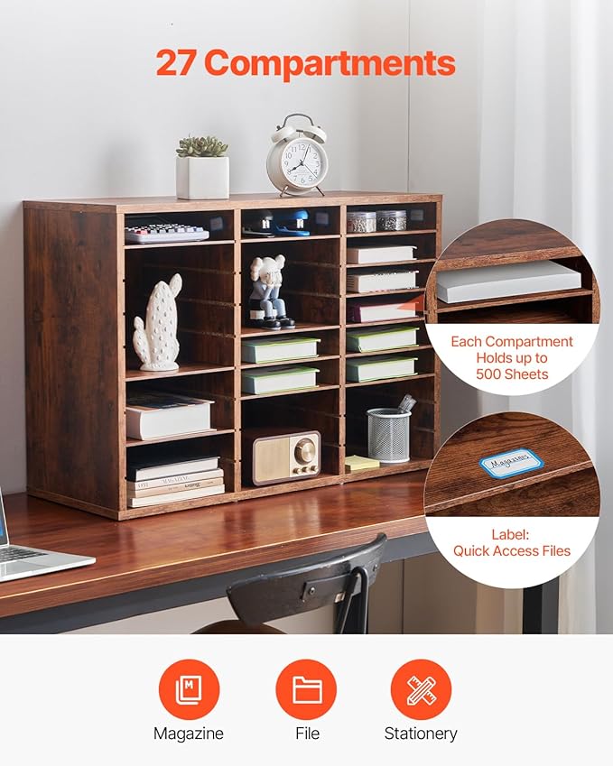 VEVOR Literature Organizer, 27 Compartments Office Mailbox with Removable Shelves, Wood Mailbox Sorter Particle Board Office Home Classroom Storage, File Sorter for File, Document, Paper, Dark Brown