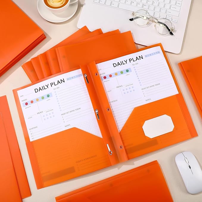 Cholemy 36 Pcs Plastic Pocket Folders with Prong 2 Heavy Duty Pockets Folders with 3 Prongs Letter Size Paper Folders Bulk File Plastic Folders with Fasteners for Office Workers (Orange)