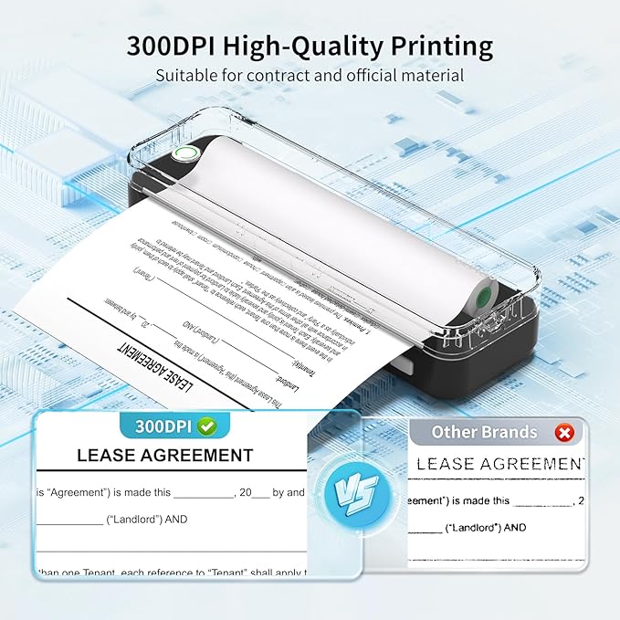 300DPI Portable Printer Wireless for Travel, Inkless Small Bluetooth Printers for Home Use, Compatible with Mobile Phone & Laptop, Support 8.5 x 11 Inch & A4 Thermal Printer Paper, Black