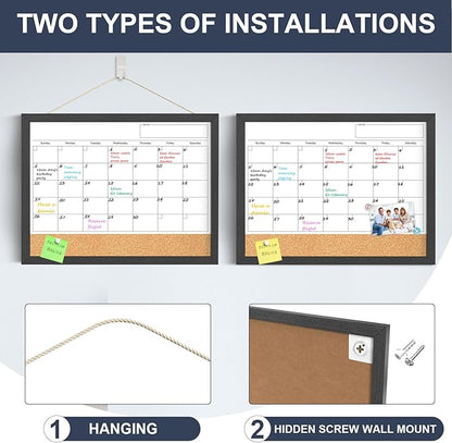 Dry Erase Calendar for Wall, 18x24 Inches Dry Erase Calendar Cork Board Combo, Magnetic White Board with Wood Framed, Hanging Dry Erase Board for Planner Home Office Kitchen Memo