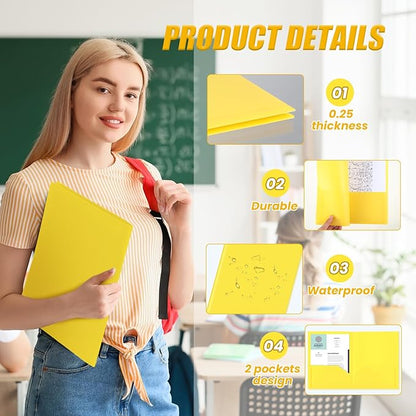 Gueevin 24 Pcs Plastic Folders with Pockets, Two Pocket Folder Fit Letter Size, Heavy Duty School Business Card Holder for Home Office School Bussiness, 11.61 x 9.45 Inches (Yellow)