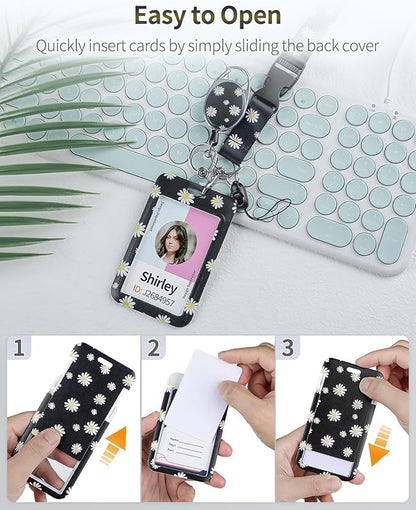 Uniclife Floral Sliding Badge Holder White Flower Plastic Case with Retractable Badge Reel Carabiner Clip & Detachable Lanyard Strap Fashionable Vertical Card Protector for Women Nurse Teacher Student