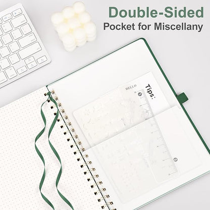 AHGXG Bullet Dotted Journal Spiral Notebook, Large B5 Dotted Notebook 140 Pages, Leather Hardcover, 100 GSM Thick Dot Grid Paper, Inner Pocket, for Bullet Journaling, 7.6" x 10", Green