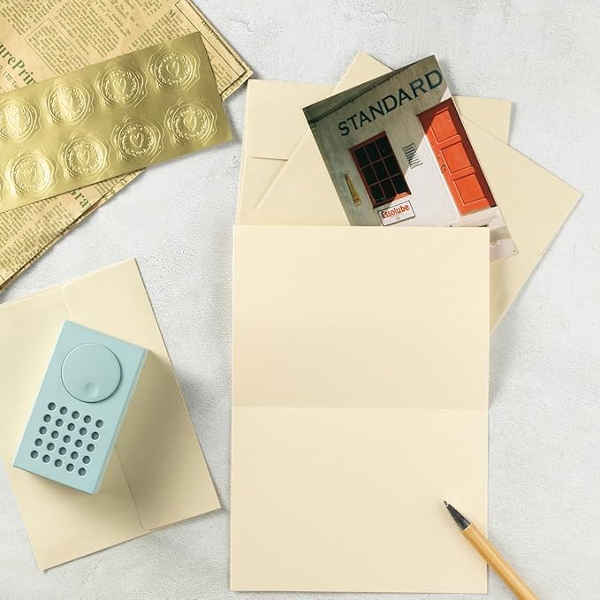 Wishop 50 Pack Shiny Self-Adhesive Envelopes with Shiny Fold Cards for Wedding Invitations, Greeting Cards, Baby Shower, Letter Mailing (Cream Color, 4x6)