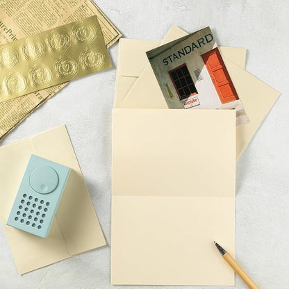 Wishop 50 Pack Shiny Self-Adhesive Envelopes with Shiny Fold Cards for Wedding Invitations, Greeting Cards, Baby Shower, Letter Mailing (Cream Color, 5x7)