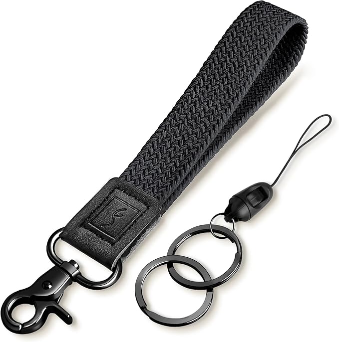 Fishent Stretchy Wristlet Keychain,Braided Cute Wrist Lanyards for Keys, Key Chain Holder for Women Men, Wrist Strap Keychain for Car Keys Phone Camera Wallet ID Badges Card (Black)