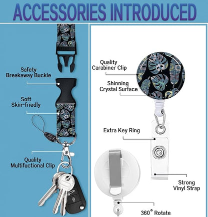 ID Badge Holder with Retractable Lanyard and Keychain, Badge Reel with Rotate Carabiner Clip,Yellow Blue Leaves Card Name Tag Lanyard ID Protector Bage Clips for Student, Women, Office