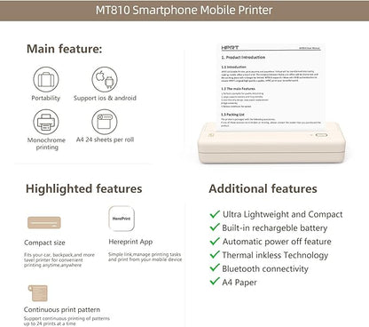 HPRT Portable Printers Wireless for Travel - MT810 Bluetooth Thermal Inkless Compact Printer, Paper Rolls Mobile Printing for Vehicles Office, Compatible with iPhone Android & Laptop