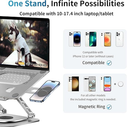 Laptop Stand for Desk, 24 lbs Load, 360° Rotating, Magnetic Phone Holder, Fits 10-17.4'' Laptops, Grey