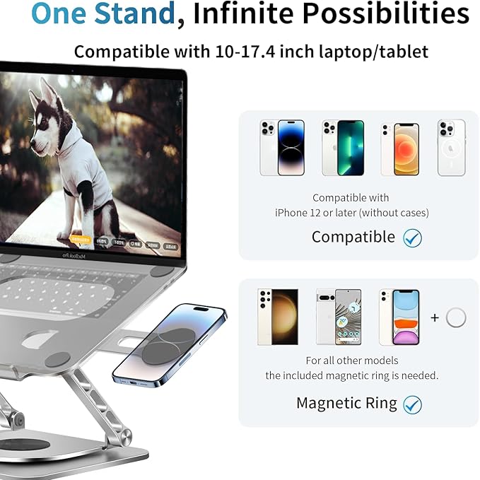 Laptop Stand for Desk Adjustable Height, Laptop Riser for Desk Adjustable Height 360° Rotating, Laptop Holder with Magnetic Compatible Phone Holder, 10-17.4" Laptops
