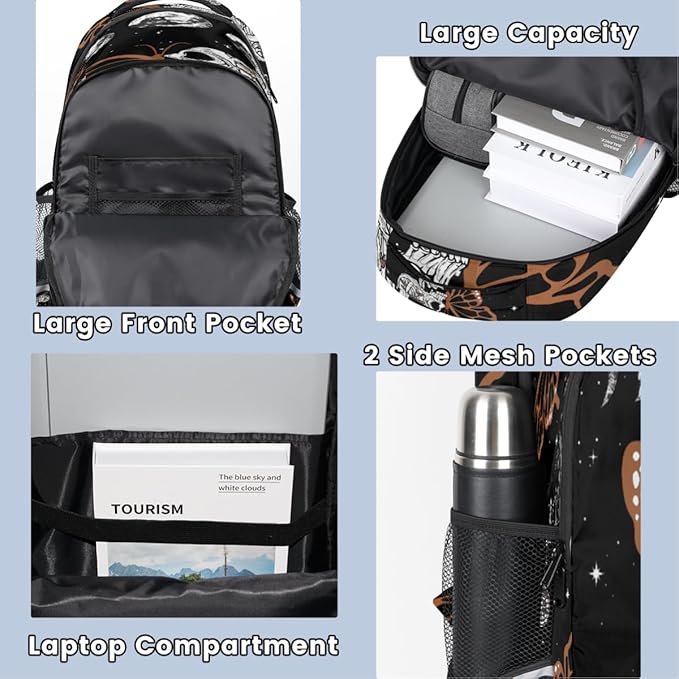 Brown Gothic Skull Butterfly Black Galaxy Space Backpack School Bookbag Laptop Purse Casual Daypack for Teen Girls Women Boys Men College Travel