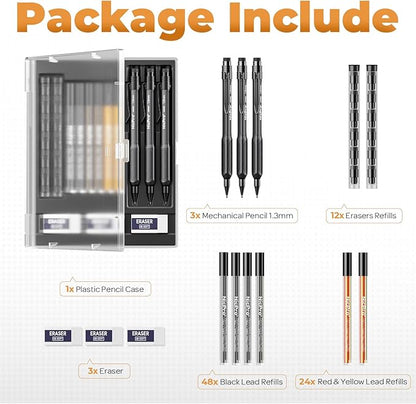 Nicpro 3 PCS 1.3 mm Mechanical Pencil Set with 72 PCS Lead Refill,3 Erasers-HD1000 Carpenter Pencils, Weatherproof Metal Heavy Duty Construction Pencil for Outdoor Marking Drafting Drawing Woodworking