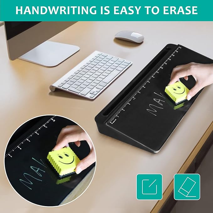 Desk Whiteboard Dry Erase Glass Whiteboard with 15“ Ruler Marker,Tilted Notepad Computer Keyboard Stand with Black Dry Erase Board Surface, Desktop White Board to-do List Memo Notepad,Black