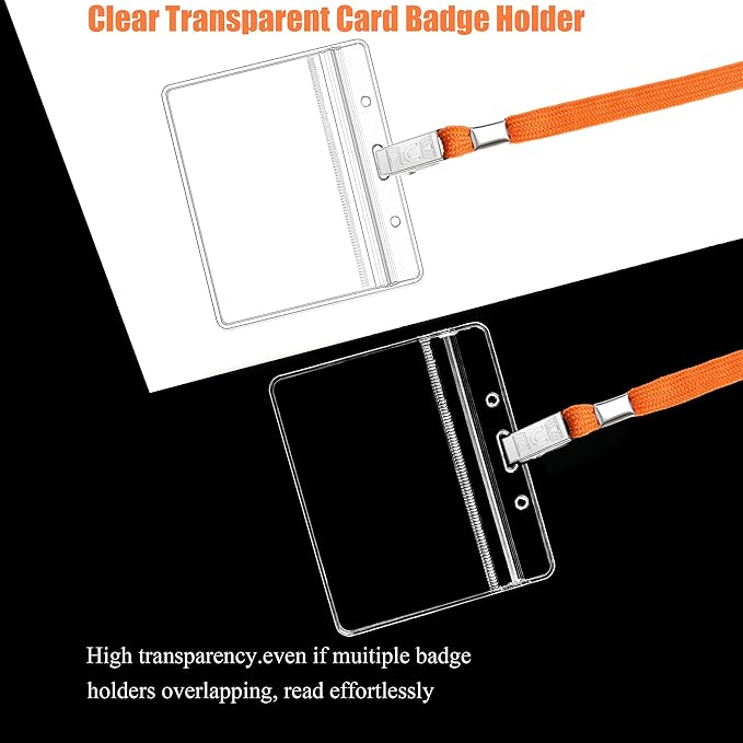 100Pcs Clear Plastic Horizontal Name Tags Badge ID Card Holders and 100Pcs Lanyards with Clip (Orange)