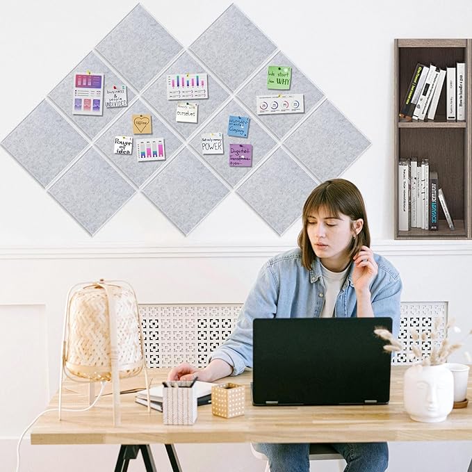 DOLLAR BOSS Large Cork Board for Wall 48" x 36" x 0.5" Bulletin Board 12 Packs Black Cork Board Tiles Self Adhesive Felt Wall Tiles with Pushpins, Corkboard for Office Pin Board Tack Board, Light Grey