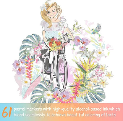 Caliart 61 Colors Pastel Alcohol Markers, Brush & Chisel Dual Tip Markers for Adult Coloring Book, Sketch Pens Permanent Art Markers Set for Easter Eggs Decorations Stuffers Drawing Supplies Gift
