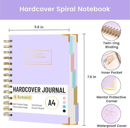 Hardcover Spiral Notebook with Tabs 5.5"x7.5" Small Spiral Lined Journals for Women with Dividers 220 Pages College Ruled Composition Notebook 5 Subject Notebook for Work School Gifts, Purple