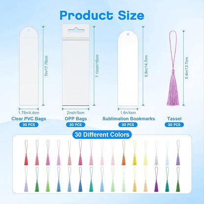 Sublimation Bookmark Blank Double Sided - 30Pcs Metal Bookmark Blanks Bulk + 30 Colors Bookmark Tassels + 30Pcs PVC Self-Sealing Bags, Bookmark Making Kit, for DIY Bookmarks, Book Lovers, Crafts