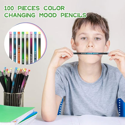Epakh 100 Pcs Inspirational Pencils Color Changing Pencils Bulk with Eraser HB Wooden Pens Gift for Kids Students Classroom Christmas Party(Black,Classic Style)