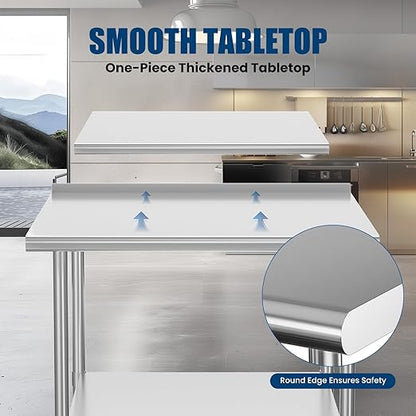 Stainless Steel Table 24 x 48 Inches Metal Prep Table with Backsplash & Adjustable Undershelf, Stainless Table for Commercial Kitchen, Outdoor, Restaurant, Hotel & Garage