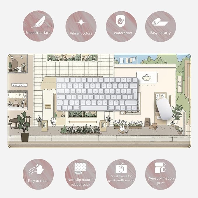 Cute Desk Mat Kawaii Mousepad Bunny and Bear Cute Anime Japanese Street Pastel Beige Brown and Green Mouse Pad, Extra Large Deskmat Cut Laptop Pad