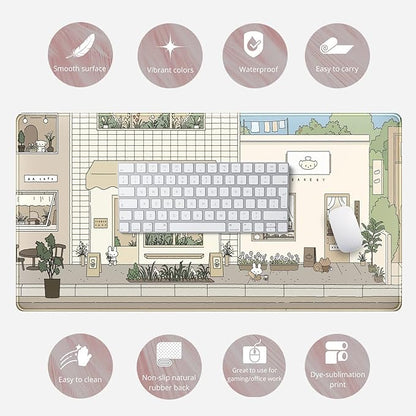 Cute Desk Mat Kawaii Mousepad Bunny and Bear Cute Anime Japanese Street Pastel Beige Brown and Green Mouse Pad, Extra Large Deskmat Cut Laptop Pad