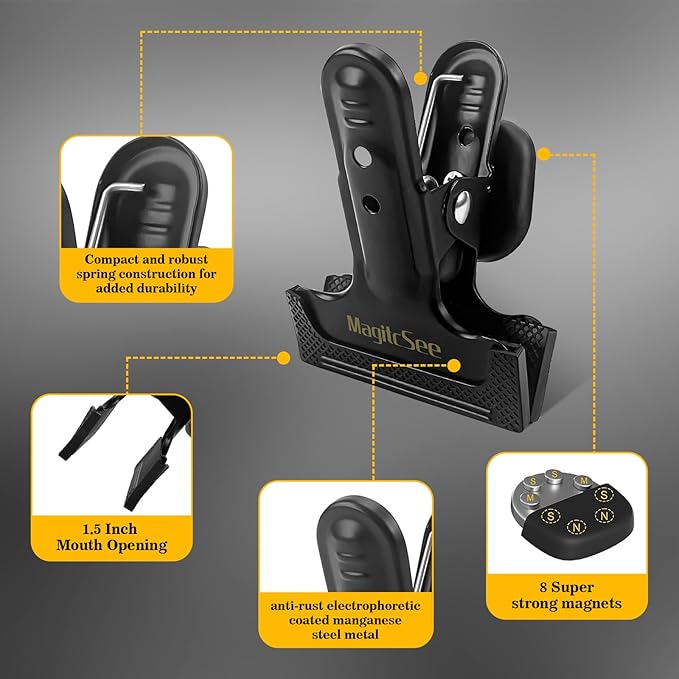 2 Pcs Heavy Duty Magnetic Clips with 1.5 Inch Mouth Opening - Securely Grip Flags, Backdrop Blueprints, Calendars,Tools - Ideal for Artists, Photography Shooting Studios, Worksite, Offices, Tool Carts