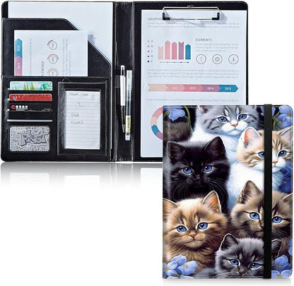 Padfolio Folder with Clipboard,Portfolios Organizer Clipboards with Storage Clipboard Writing Pad PU Leather Conference Document Organizer with Business Card Holder,Cute Cat
