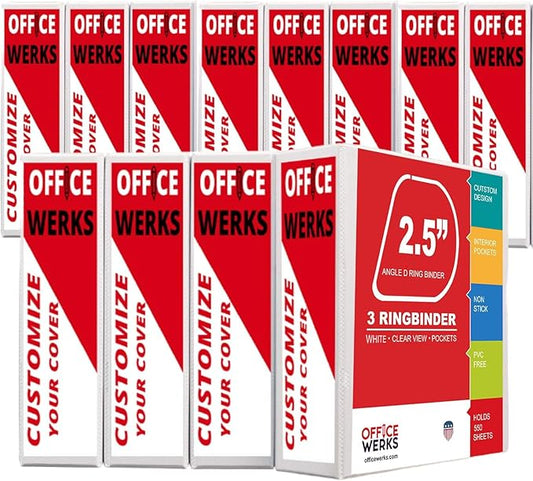 Office Werks 3 Ring Binder, Professional D Ring Binder 2.5 Inch, 12 Presentation Folder for Standard Pages 8.5 x 11 with Pockets, Crystal Clear View White Binder (12 Pack)