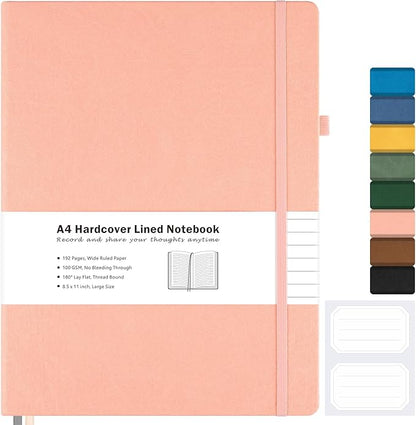 Lined Journal Notebook, 8.5" x 11" Hardcover Leather Notebook for Work, Wide Ruled Notebook Journal for Women Men, 192 Thick Paper, Lay Flat, 2 Pockets, A4 Large Journals for Writing, Pink Notebook